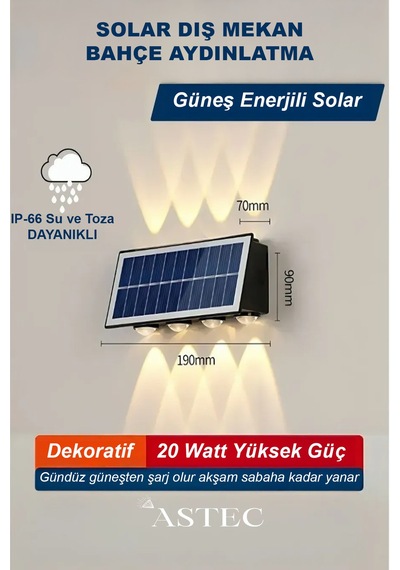 Astec Gün Işığı 20 Watt Solar Bahçe Led Aydınlatma Güneş Enerjili Otomatik Yanar 8 Led Bahçe Aplik