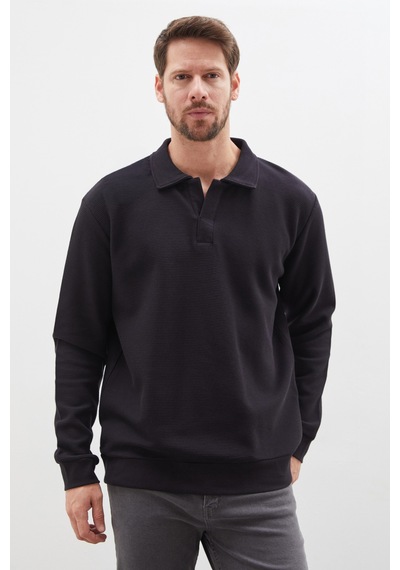 Fullamoda Petek Kumaş Apaş Yaka Regular Sweatshirt Siyah