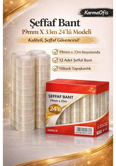 Şeffaf Bant 19mm X 33m 24 Lü Paket Güçlü Yapışkanlı, Yüksek Şeffaflık, Ofis & Kırtasiye Bandı Diğer