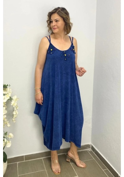 Mia Butik Büyük Beden Lacivert Pamuklu Şalvar Kesim Çiçekli Elbise Lacivert