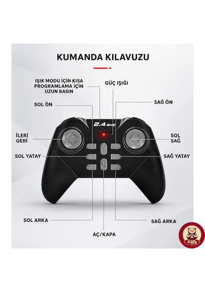 Oyuncak Uzaktan Kumandalı Şarjlı Akrobat Cybertruck Araba 4x4 Drift Araç Bilekten Kumandalı Led Işıklı 2.4 Ghz 6 Farklı Led Işık Modu 18 Cm