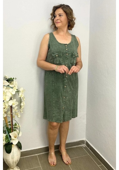 Mia Butik Kadın Yıkamalı Önden Düğmeli Elbise Haki
