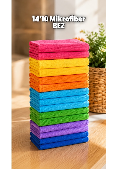 14'lü Mikrofiber Bez Seti - Su Emici İz Bırakmaz Bez Seti - Tezgah, Araba, Toz Çok Amaçlı Temizlik Bezi Çok Renkli