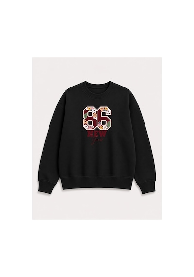 Herkesemoda Rakam Ve Çiçekler Baskı Detaylı Bisiklet Yaka Şardonlu 2 İplik Sweatshirt Siyah