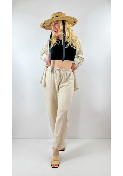 Modaonna Keten Jogger Keten Pantolon Bej
