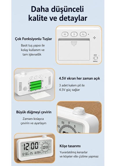 Adornist - Dijital Çalar Saat Ve Geri Sayım Zamanlayıcı - Döner Düğmeli Sessiz Masa Saati, Sıcaklık/tarih Göst Diğer