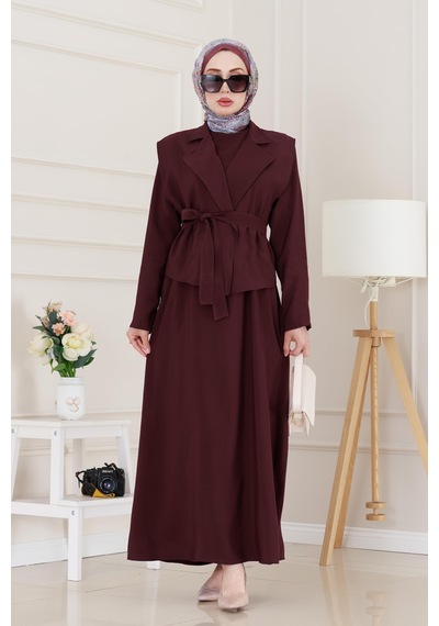 Sevitli Tensel Yelekli Asel Elbise-bordo-5042 Bordo