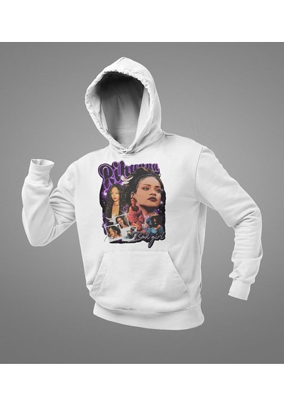 Şarkıcı Rihanna Baskılı Unisex Oversize Hoodie Beyaz