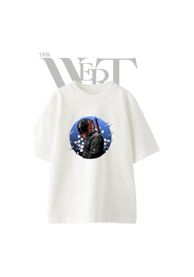 Thewert Kaskli Ninja Tasarım Baskılı Ünisex Beyaz Oversize T-shirt