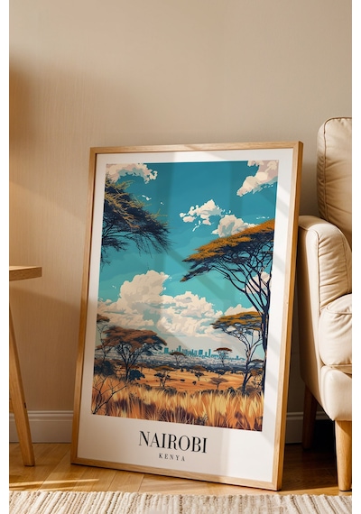 Nairobi Kenya Vintage Seyahat Posteri Çerçeveli Tablo - Premium Afrika Savana Elit Duvar Dekoru Kayın