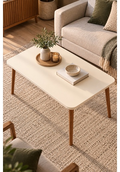 Sulorahome Torna Ayaklı Krem Bej Orta Sehpa 90x50 Cm Akçaağaç
