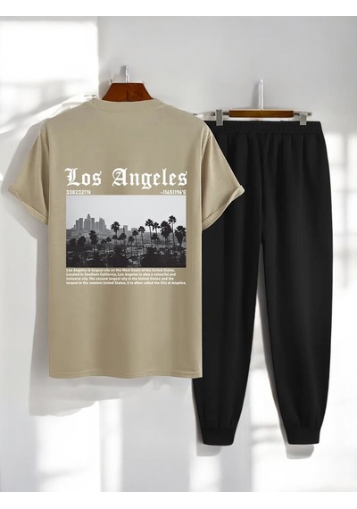 Uyguntarz Unisex Los Angles Baskılı 2'li Eşofman Takımı Bej