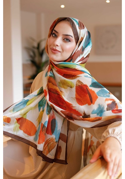 Mimiyum Nayf İpek Şal Pastel Desen - Kahverengi