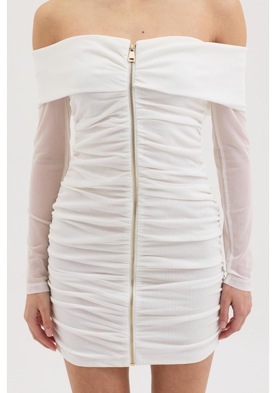 Lijuri Drape Detaylı Full Fermuar Mini Tül Elbise 2937 R5-g-k5 Beyaz