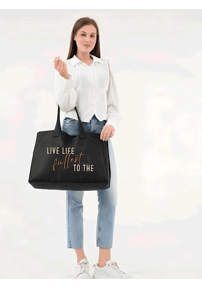 Çınar Bez Çanta Siyah 3 Çıtlı Live Life Baskılı Büyük Boy Kanvas Çanta - Standart