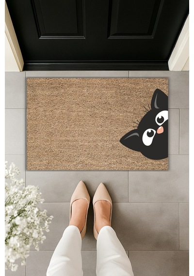 Rugmood Modern Dijital Baskı Paspas - Yandan Bakan Kedi - Kapı Önü Paspası 70x45cm Kahverengi