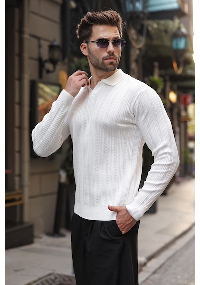 Madmext Beyaz Polo Yaka Desenli Over Fit Erkek Triko Kazak E7517