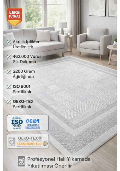 Modern Gri Akrilik Halı 462.000 Vuruş Sık Dokuma Leke Tutmaz Oeko-tex Sertifikalı