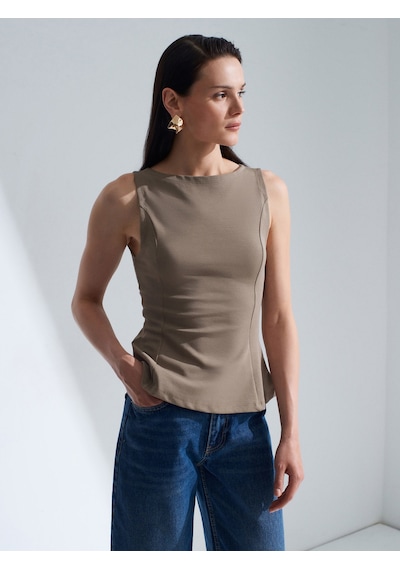Dilvin 21001 Kayık Yaka Peplum Top-açık Haki