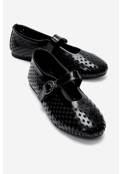 Luvi Shoes Arian Siyah Rugan Hakiki Deri Delikli Kadın Babet Ayakkabı