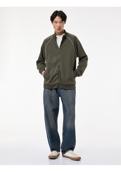 Koton Uzun Kollu Çizgi Detaylı Cepli Pamuklu Dik Yaka Fermuarlı Sweatshirt Haki 6wam70088mk