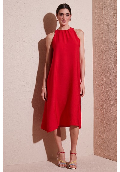 Lela Regular Fit Halter Yaka Midi Boy Bayan Elbise 67810049 Nar Çiçeği