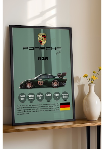 Porsche 935 Premium Yarış Arabası Çerçeveli Tablo - Teknik Özellikli Legend Series Duvar Dekoru Siyah