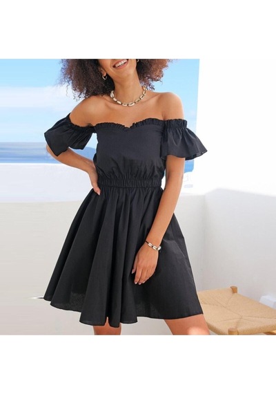 Fashion Cocktail Doğal Keten Kumaşlı Puf Kol Kabarık Straples Elbise Siyah