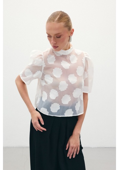 Sateen Organze Kısa Kol Bluz - Ekru-136321 Ekru