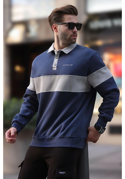 Madmext Lacivert Polo Yaka Renk Bloklu Erkek Sweatshirt 7072 Lacivert