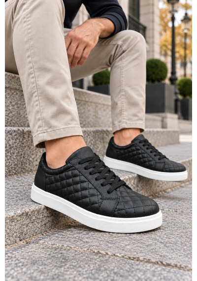 Mevese Egitserp Bağcıklı Cilt Kapitone Desenli Erkek Günlük Sneaker Ayakkabı - Siyah
