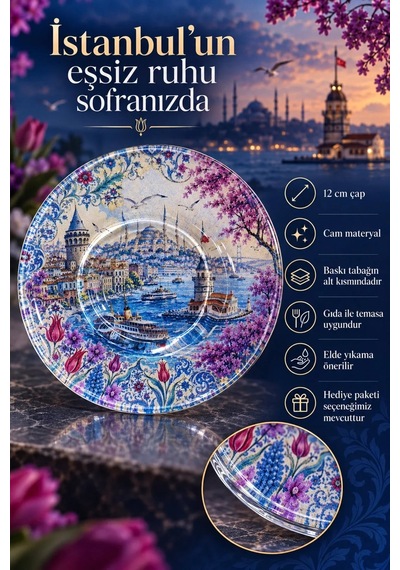 6 Lı Cam Çay Tabağı İstanbul Boğazı Ve Lale Desenli 6 Adet Çay Tabak Pembe