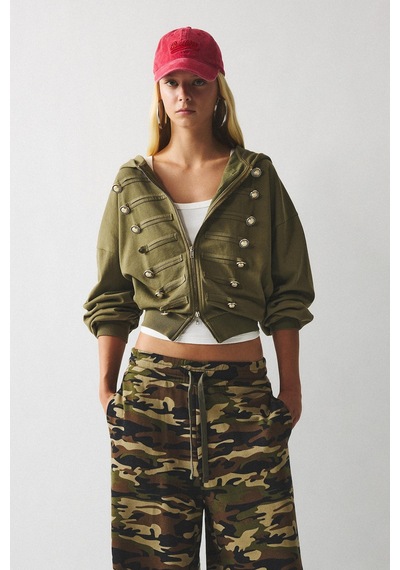 Defacto Loose Fit Kapüşonlu Düğme Detaylı Crop Napolyon Hırka I9652ax26aukh22 Haki-kh22