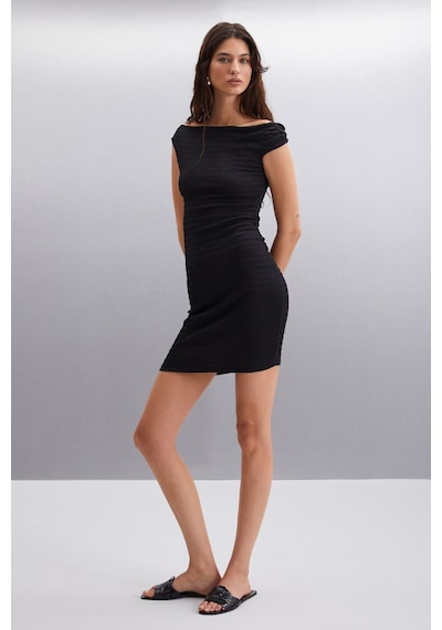 Ethıquet Innsa Kadın Bürümcük 3 Boyutlu Kumaşlı Tek Omuzlu Bodycon Siyah Elbise