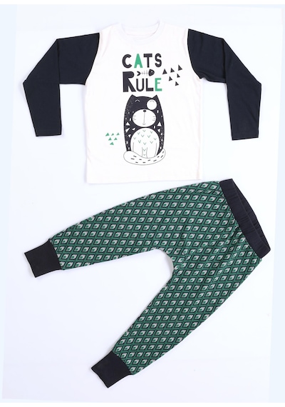 Casabony Cats Rule Erkek Çocuk Pantolon + T-Shirt Takım-Indigo - Beyaz İndigo - Beyaz