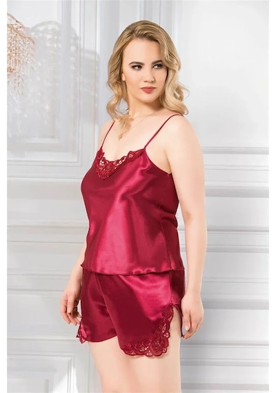 Atyticaret Kadın Şık Tasarım Yumuşak Dokulu Büyük Beden Dantel İşlemeli Bordo Saten Babydoll Şort Takımı