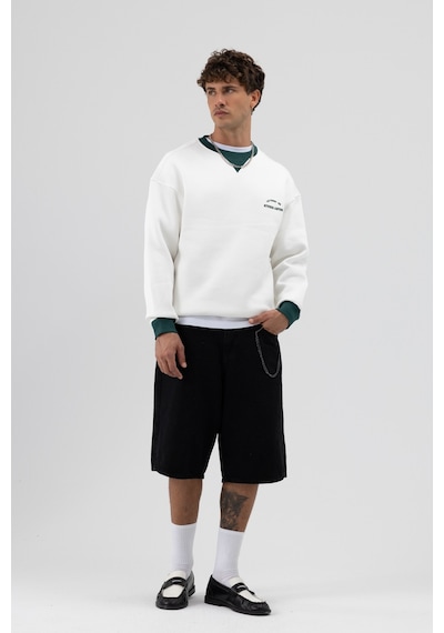 Vamos Oversize Bisiklet Yaka Baskılı Sweatshirt V70-91 Ekru