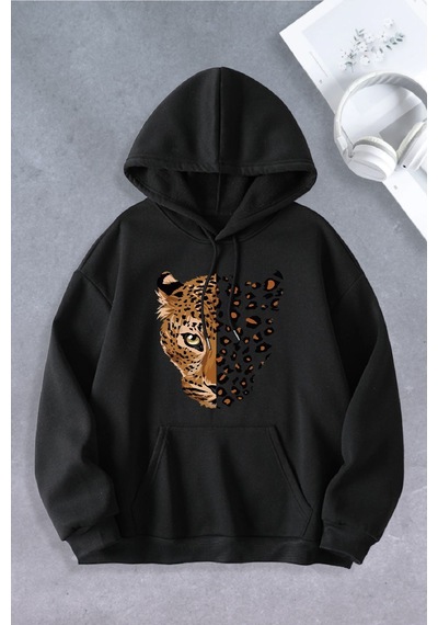 Ciel Lune Nevermind Unisex Kadın Erkek Leopar Oversize Sweatshirt Siyah Siyah
