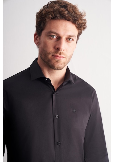İmza Siyah Yarım İtalyan Yaka Uzun Kol Slim Fit Pamuklu Gömlek 1004255189 Siyah