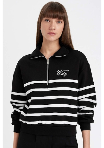 DeFacto Regular Fit Yarım Fermuarlı Dik Yaka Çizgili Kalın Sweatshirt D5297AX24AUBK81
