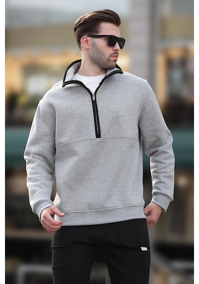 Madmext Gri Dik Yaka Yarım Fermuarlı Sweatshirt 7079 Gri