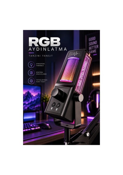 Robeve Yk Mc671 Profesyonel Yayıncı Mikrofonu Ve Oyuncu Mikrofonu Rgb Aydınlatmalı Mikrofon, Gürültü Azaltma, Ses Kontrolü Ve Ayarlanabilir Masa Uzatma Kollu Gaming Mikrofon