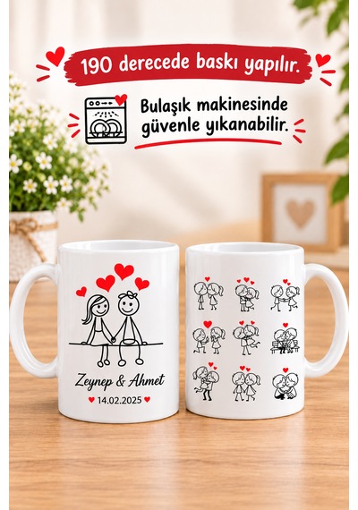 Çizgi Karakterli Sevgili Kupası Çiftler İçin Kişiye Özel İsim Ve Tarih Baskılı Söz Nişan Düğün Yıl Dönümü Kupa Bardak Hediyesi Beyaz