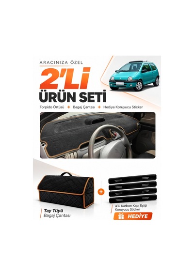 Renault Twıngo 1998-2000 Uyumlu Torpido Örtüsü + Tay Tüyü Çanta + Sticker - Siyah Kahverengi