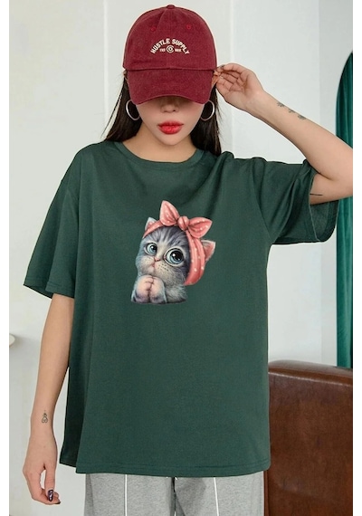 Startmore Sevimli Minik Kedi Baskılı T-shirt Yeşil
