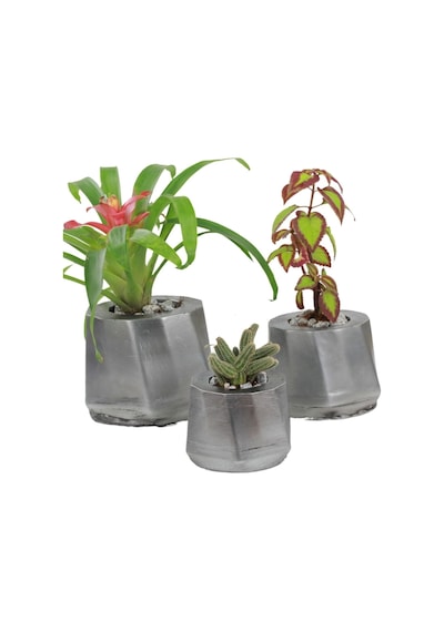 Saksı Çiçek Kaktüs Saksısı Lüx 15 Cm Varak Boyalı Kalın Çizgi Desen 3'lü Set Çiçeklik - Gümüş Eskitme