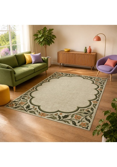 Kartela Halı Bulut Çerçeveli Klasik Halı Zeytin Kaymaz Taban Makinede Yıkanabilir 100x150 Cm