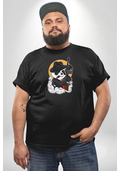 Angemiel Gangster Panda Siyah Büyük Beden Erkek Kadın Unisex Basic Ön Baskılı Tişört Siyah