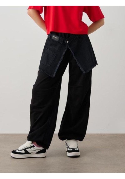 Zekids Kız Çocuk Kışlık Denim Garnilli 3 İplik Tasarım Pantolon-14776 Siyah