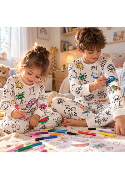 Hukids Boyanabilir Pijama Takımı - Uzun Kollu Beyaz